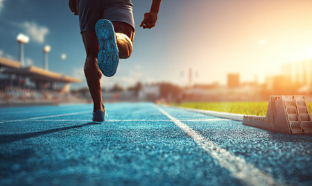 A person runs on a vibrant blue track, viewed from a low-angle perspective with the focus on the legs and running shoe. The composition utilizes a strong diagonal line to draw the eye. Overhead sunlight creates a warm glow, suggesting an outdoor competition scene, suitable for commercial and editorial use.の素材