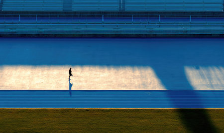 A lone figure walks on a running track, captured from an overhead perspective. The image showcases strong shadows cast by the sunlight across a textured surface. The color palette consists mainly of blues, yellows, and greens, creating a contrast between light and dark. Suitable for projects emphasizing activity and healthy lifestyle.の素材