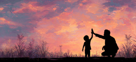 This image presents a silhouette of a parent and child giving a high-five gesture. The composition features a colorful, textured sky, suggesting a sunset or sunrise environment. The style is illustrative with a strong contrast. This image can be used for various commercial and editorial projects related to family and joy.の素材