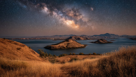 An expansive landscape presents islands amidst water, bathed in dim light under a night sky. The image features soft, earthy tones with a focus on the natural world. This photograph could be used for various commercial purposes, including travel or environmental themes.の素材