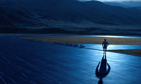 A lone figure stands on a pathway, silhouetted against a dusky landscape. The image features cool tones, with long shadows cast across a textured surface. The composition suggests a vast, open environment. This image is suitable for a variety of applications, including websites and marketing materials.の素材