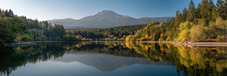 A panoramic vista features a calm lake reflecting a distant mountain and lush forest. The image showcases natural elements with a clear, blue sky. Greens and yellows are prevalent, suggesting a serene outdoor environment. This imagery is suitable for various commercial applications, including advertising and editorial content.の素材