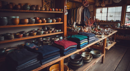 A shop interior showcases neatly arranged pottery and folded textiles. The composition highlights rows of ceramic items alongside colorful garments. The setting appears to be indoors, with natural light illuminating the merchandise. This scene could be suitable for commercial projects related to retail, design, and home decor.の素材