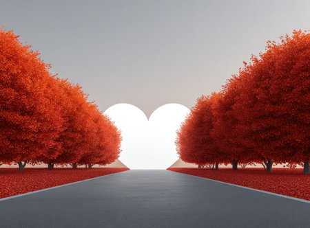 A road framed by vibrant red trees leads towards a heart-shaped opening in a conceptual artwork. The image showcases a symmetrical composition with a smooth gray road and a clear sky. This artwork utilizes digital design, suggesting uses in graphic design, advertising, or visual storytelling contexts.の素材