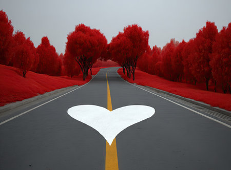 A road stretches through a landscape of red trees, featuring a white heart symbol painted on the asphalt. The scene is characterized by the vivid contrast of colors and a slightly overcast sky. This image can be used for various creative projects, including designs related to concepts of love, travel, or nature.の素材