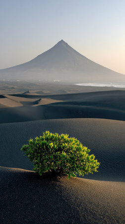 A vibrant green bush sits in the foreground against rolling desert dunes. In the background, a large mountain silhouette rises, shrouded in a soft haze under a pale sky. The image uses natural lighting, creating a peaceful, timeless quality. Suitable for nature publications and environmental projects.の素材
