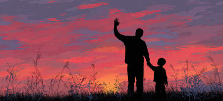The image depicts a silhouette of a father and child holding hands under a vibrant sunset. The composition features warm colors, creating a visual contrast between the figures and the sky. The lighting emphasizes the silhouette, suggesting an outdoor environment. This could be used for themes related to family, love, or connection.の素材