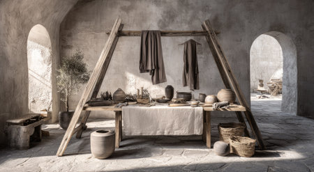 An interior scene presents a weathered wooden structure with displayed objects. Neutral tones dominate the composition, with visible textures on the walls and textiles. The lighting suggests an indoor setting with potential historical context, and it could be suitable for various commercial or editorial applications.の素材