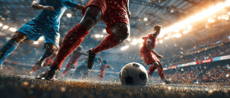 A dynamic image captures players in a soccer match, focusing on the ball and action. Red and blue jerseys stand out against the green field and stadium setting. Bright overhead lighting illuminates the scene. Suitable for sports publications, promotional materials, or website content.の素材