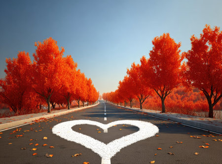 A road stretches towards the horizon, marked with a large heart symbol. Flanking the road are rows of trees with vivid orange foliage. The image exhibits a symmetrical composition and daylight lighting, with a focus on the colorful contrast between the road and the trees. This scene would be suitable for use in various projects.の素材