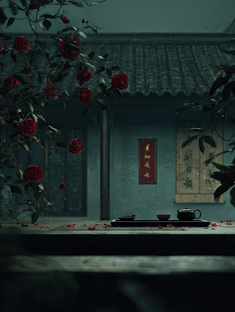 An evocative scene shows a tea ceremony setting with a dark ambiance. Roses in full bloom adorn a building facade. Soft lighting bathes the scene, highlighting the tea set. The composition suggests a tranquil atmosphere suitable for various editorial or artistic projects.の素材