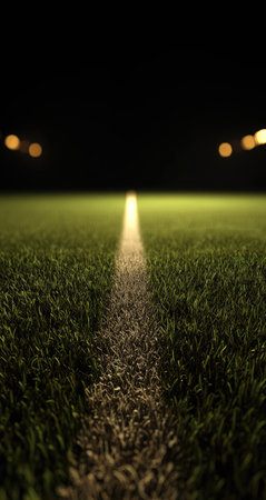 The image showcases a soccer field during the night, with the bright white field line in sharp focus. The lush green grass contrasts against the dark background. The composition and lighting evoke a sense of depth and perspective, possibly suitable for sports-related or conceptual design projects.の素材