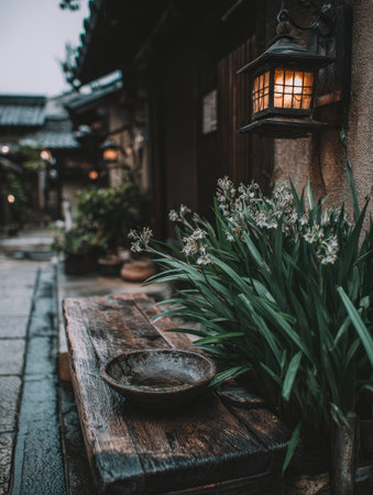 A wooden bench is the focal point, holding a bowl and surrounded by plants, with a lantern on the side of the house. The image features muted tones with natural lighting. This scene captures the traditional architectural style of an eastern home. Suitable for various commercial applications, including travel and design.の素材