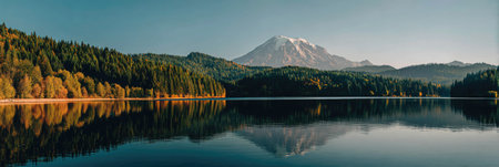 A panoramic view depicts a serene lake surrounded by lush evergreen forests and majestic mountains under a clear blue sky. The water's surface acts as a mirror, reflecting the trees and mountains. The image could be utilized for various purposes like travel, tourism, or environmental projects.の素材
