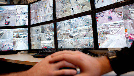 The image showcases a security system interface with multiple screens displaying live camera feeds. The monitors show various outdoor scenes. The composition uses a shallow depth of field, highlighting the operator's hands. It is a useful visual for concepts of safety, technology and monitoring, with applications in commercial and editorial projects.の素材