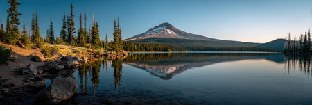 A tranquil lake scene showcases a mountain reflected in the still water. Evergreen trees line the shore, with a clear blue sky overhead. The composition and lighting suggest an outdoor environment, possibly during the day. This image has potential use for various commercial and editorial applications.の素材