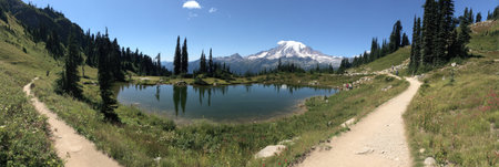 This image features a stunning panoramic view of a mountain lake, framed by verdant hills and tall trees. Two trails traverse the landscape, leading toward a distant snow-capped peak. The composition, bathed in bright sunlight, showcases natural colors. It may be suitable for commercial use in travel, tourism, or nature-themed projects.の素材