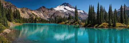 A tranquil scene of a turquoise lake surrounded by mountains and evergreen trees under a clear sky. The composition showcases a natural environment with reflections on the water's surface. This image could be used for various editorial or commercial purposes, like travel brochures or nature-themed articles.の素材