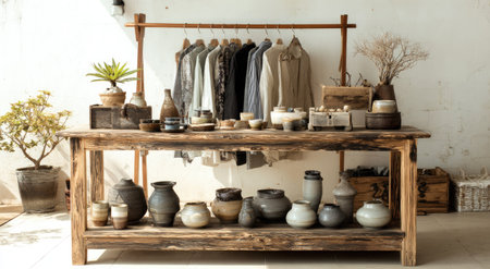 A wooden table showcases a variety of pottery, complemented by a clothes rack displaying garments. The scene features neutral colors, natural light, and a warm aesthetic, possibly indicating an indoor setting. Suitable for commercial use, the image presents an appealing arrangement of products.の素材