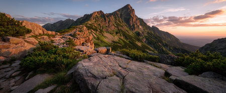 A scenic view displays a mountain range with rugged terrain in the foreground. The natural environment showcases green vegetation on the mountainsides, contrasted with a sunset sky. The image could be used for various purposes, from travel promotions to editorial content.の素材