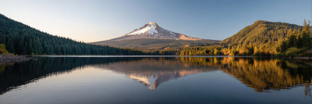 A serene landscape features a lake reflecting a mountain with snow and surrounding trees. The composition employs symmetrical elements and natural colors with sunlight. This picturesque view could be ideal for various commercial applications, as well as nature-themed projects.の素材