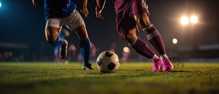 An image depicts a soccer game with two players and a ball on the field. The composition features vibrant green grass contrasting with the players' uniforms. The lighting is bright, possibly from stadium lights, creating a dynamic and energetic scene. This image could be used for sports-related articles or promotional materials.の素材