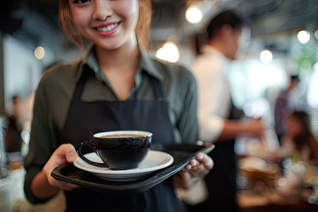 A smiling waitress carries a tray with a cup of coffee. The scene is set in a cafe, indicated by the soft focus of the background. The image features neutral colors, and the lighting suggests an indoor environment. Suitable for commercial use in projects related to hospitality and service industries.の素材