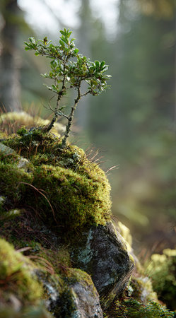 A small tree sprouts from a mossy rock, creating a contrast of textures and colors. The natural light illuminates the green leaves and the moss, emphasizing the details. The blurred background suggests a forest setting, ideal for environmental or ecological themes. The image could be used for educational materials or nature-related projects.の素材
