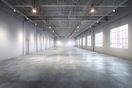 An expansive indoor space showcases a concrete floor, high ceilings, and industrial lighting. Large windows along the wall allow natural light. This image depicts a neutral, open area. Suitable for advertising, corporate presentations, or editorial content emphasizing space and design.の素材