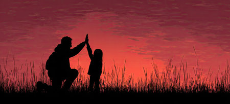 A silhouette depicts a parent and child high-fiving each other. The scene showcases the duo on a grassy terrain against a vibrant red sky. The composition highlights contrast between the dark figures and the fiery background, suggesting an outdoor setting. Suitable for a range of concepts.の素材