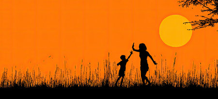 An illustrative image showcases a mother and child silhouetted against an orange sky, with a bright sun. The composition features long grass in the foreground, and a tree branch in the top right corner. This image could be used for concepts such as family, love, or outdoor activities and illustrations.の素材