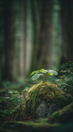 A small plant, with vibrant green leaves, grows atop a moss-covered surface. The surrounding environment features a blurred background of trees, creating depth. The image showcases a natural setting with rich green hues and varying textures, suitable for environmental and nature-related publications.の素材
