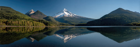 A mountain range with snow-capped peaks overlooks a still lake. The scene showcases lush green forests and their reflections in the calm water. The clear, bright sky suggests a daytime setting, with potential uses in travel, environmental, or landscape-related publications.の素材