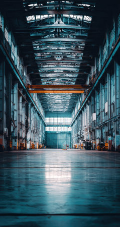 This photograph captures a large industrial interior featuring a vast open space with a prominent overhead crane. The scene is dominated by metallic structures and smooth, reflective floors, highlighted by natural lighting streaming in. The composition suggests potential uses in commercial projects and editorial contexts.の素材