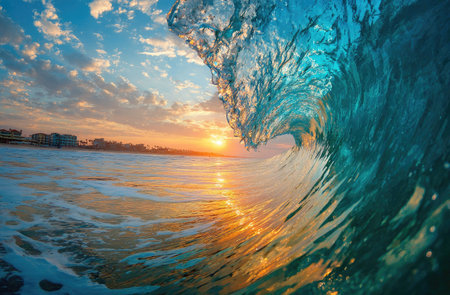 A dynamic ocean wave curls over, revealing its translucent turquoise interior. The image captures the wave's form against a backdrop of a radiant sunset, with golden hues illuminating the water and sky. Suitable for a variety of commercial applications, this image could be used to illustrate concepts of nature and travel.の素材