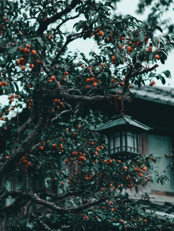 A vibrant tree displaying abundant orange fruits. Dark green foliage contrasts with the bright fruit, suggesting a harvest scene. The branches frame a wooden lantern and part of a building. Suitable for illustrative purposes, this image may be used in various projects needing natural elements.の素材