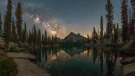 A scenic panorama presents a lake reflecting a mountain under a dramatic, overcast sky. Dark trees line the water's edge, creating a contrast with the sky's lighter tones. The style is realistic with natural lighting. This image could be used for travel publications or environmental projects.の素材