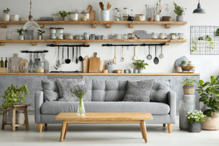 A comfortable living space features a gray sofa with decorative pillows, a wooden coffee table, and a vibrant collection of potted plants. The background includes a well-organized kitchen setup with open shelves displaying utensils. The interior design presents a bright and inviting atmosphere suitable for various lifestyle publications and home decor projects.の素材