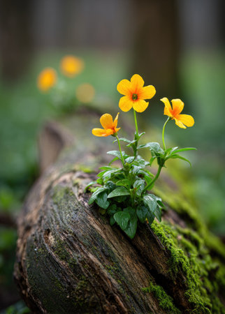 A close-up showcases several bright yellow flowers emerging from a moss-covered log. The composition emphasizes the vivid colors of the blossoms set against the muted browns and greens. The natural lighting suggests an outdoor setting, suitable for various visual projects needing a touch of nature.の素材