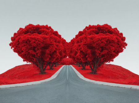 Two trees with lush red foliage stand symmetrically along a road, set against a gradient background. The image showcases a vivid color palette of red and grey, creating a surreal, almost dreamlike atmosphere. This composition with overhead lighting may be used for various design and editorial projects.の素材