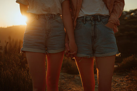 Two people are seen holding hands during a sunset. They are wearing denim shorts and standing close together. The image is bathed in warm sunlight, creating a soft, golden glow across the scene. This photograph may be suitable for various commercial and editorial applications.の素材