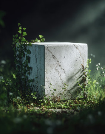 A concrete cube rests amidst a natural setting. Lush green foliage partially covers the geometric form, with soft sunlight highlighting its textured surface. The artistic composition uses a selective focus, suggesting an outdoor environment. It is suited for creative projects, advertising, and visual storytelling.の素材