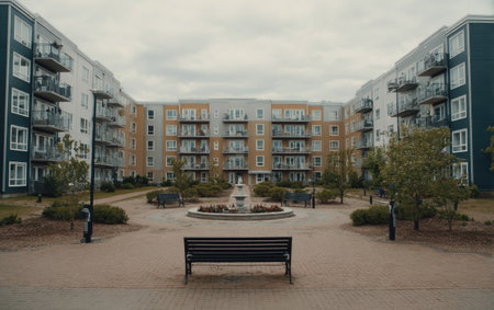 A symmetrical exterior view showcases a modern apartment complex with multiple balconies. The courtyard features a central fountain, benches, and trees. The composition is framed by buildings, creating an enclosed space. The neutral color palette and overcast lighting suggest a calm, outdoor environment suitable for editorial and commercial applications.の素材