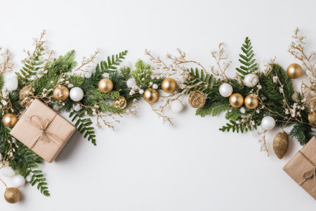 A decorative garland adorns a white surface, featuring evergreen branches, gold and white ornaments, and gift boxes. The composition showcases a high-angle view, with a natural aesthetic achieved through soft lighting. It may be suitable for seasonal advertisements, website banners, or holiday-themed editorial content.の素材