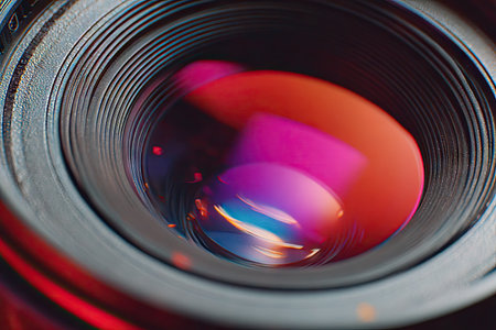 This close-up showcases a camera lens with vibrant, reflective colors. The image displays circular textures and patterns, with red, pink, and blue hues dominating the scene. This composition might be suitable for projects related to technology, photography, or design and could be useful for advertising or editorial use.の素材