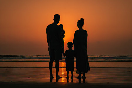 A family stands silhouetted against a vibrant sunset over the ocean. The image showcases the figures of parents and children. The composition uses warm colors to emphasize the silhouettes against the backdrop of the sky and water. This could be used in editorial or commercial projects about family.の素材