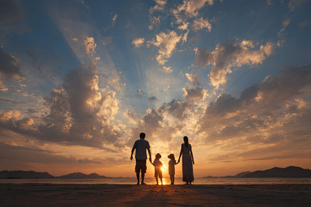 A family of four is silhouetted against a vibrant sunset, holding hands on a sandy beach. The sky features dynamic cloud formations and radiant light. The composition emphasizes the family's figures with soft textures and colors. This imagery could be suitable for family-related themes or visual storytelling.の素材