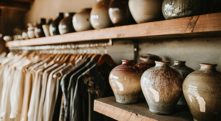 Assortment of ceramic vases and hanging apparel displayed on wooden shelves, illuminated by soft, natural light. The composition showcases a variety of textures and warm colors. Ideal for illustrating retail spaces, decorative objects, or fashion-related concepts, suitable for various commercial applications.の素材