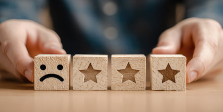 A pair of hands meticulously arranges wooden blocks featuring star shapes and a sad face. The composition highlights a rating system, utilizing wood texture and a shallow depth of field. It could be used for various purposes like customer satisfaction surveys, performance evaluation, or general feedback scenarios.の素材