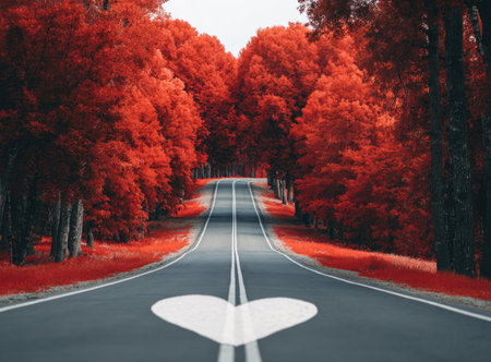 An open road lined with vibrant red trees leads toward the horizon. The roadway features a heart symbol painted in white. Overhead lighting casts shadows. The composition could be used for travel, romance, or concepts of love and journeys. The image is suitable for various commercial applications.の素材